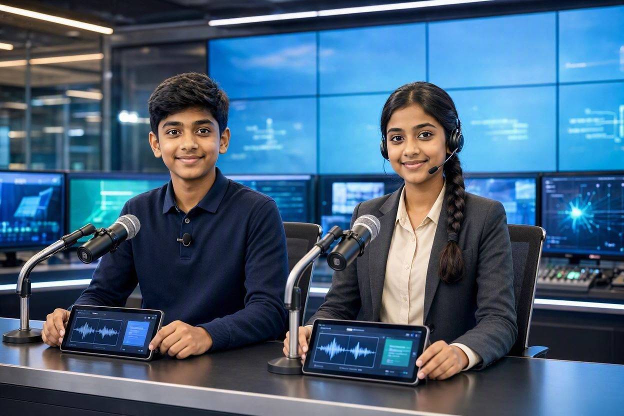Young boy and girl collaborating in a newsroom setting.